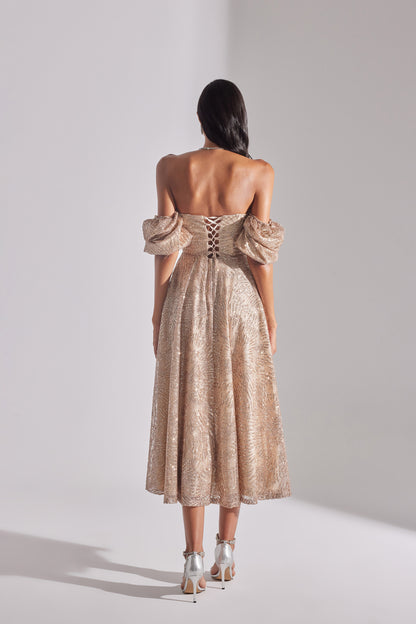 SARAH Shiny Balloon Sleeve Ruffled DORE Midi Length Engagement Dress