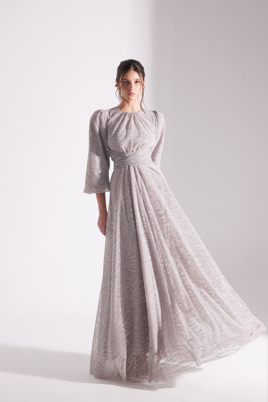 EDELINE Glittered TAUPE Maxi Length Flared Evening Dress