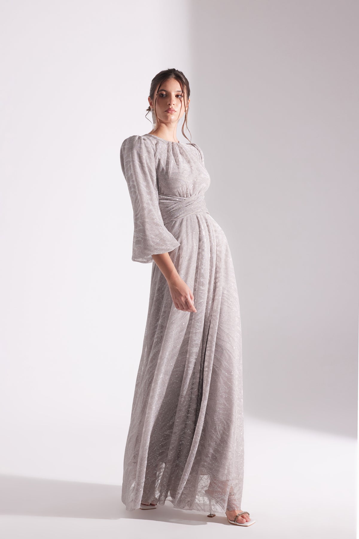 EDELINE Glittered TAUPE Maxi Length Flared Evening Dress