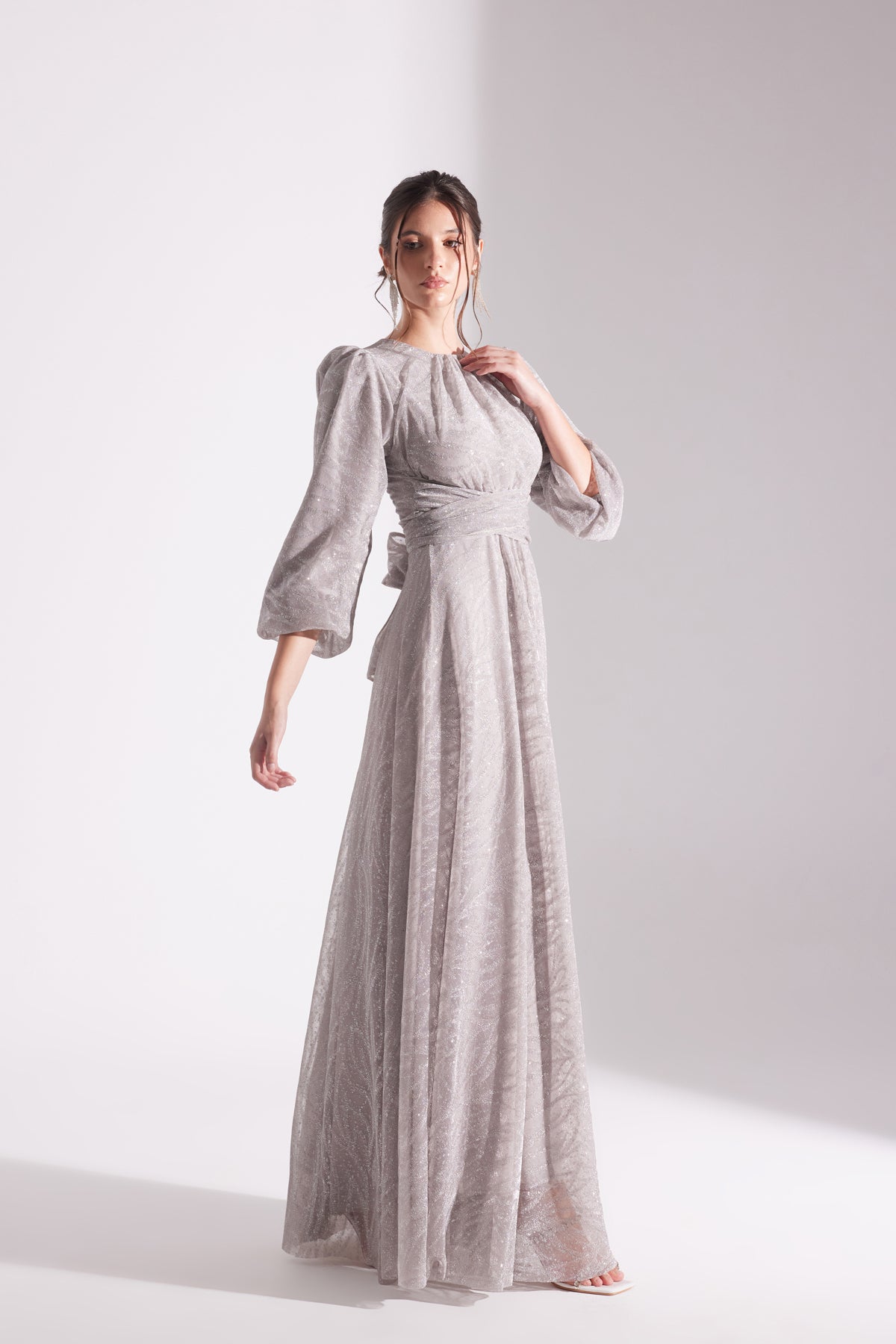 EDELINE Glittered TAUPE Maxi Length Flared Evening Dress