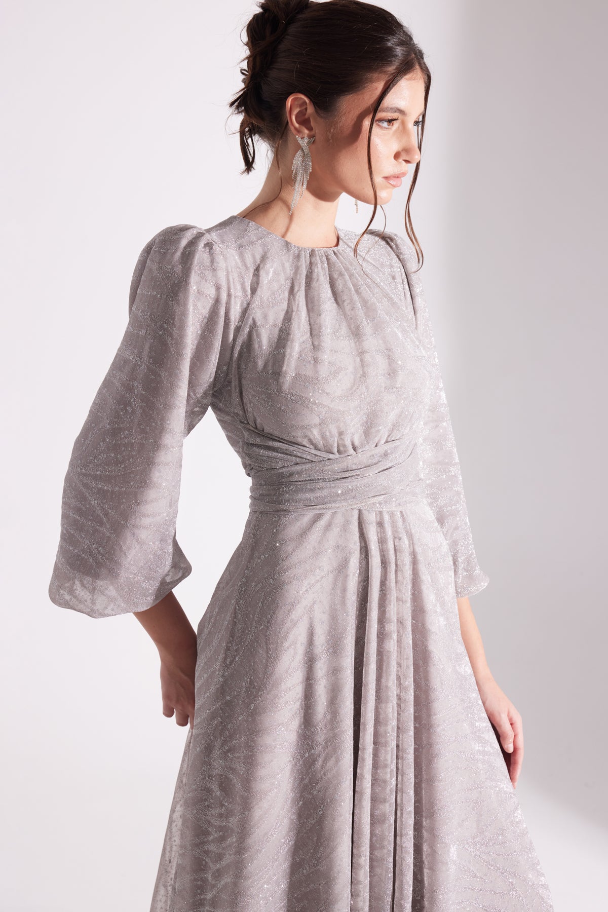 EDELINE Glittered TAUPE Maxi Length Flared Evening Dress