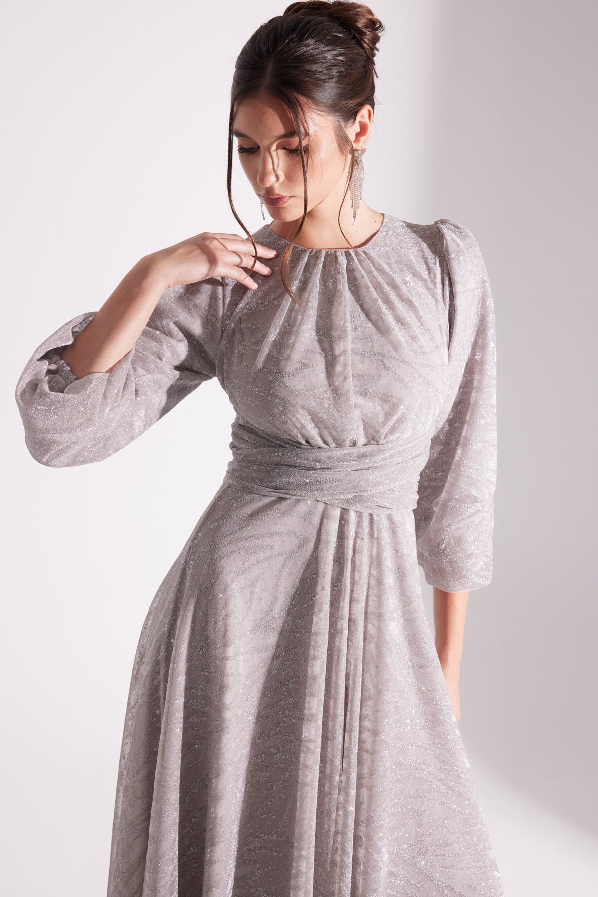 EDELINE Glittered TAUPE Maxi Length Flared Evening Dress