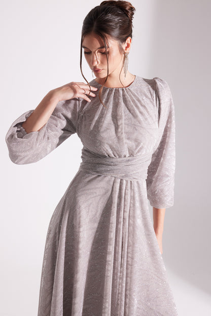 EDELINE Glittered TAUPE Maxi Length Flared Evening Dress