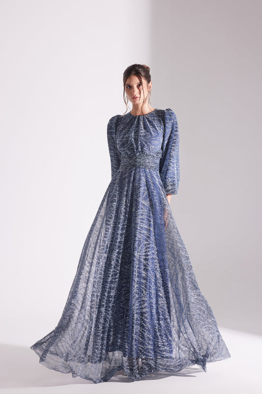 EDELINE Glittering PETROL BLUE Maxi Size Flared Evening Dress