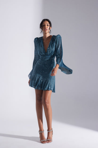 GABRIELLA PAYETTED PETROL BLUE MINI NIGHT DRESS