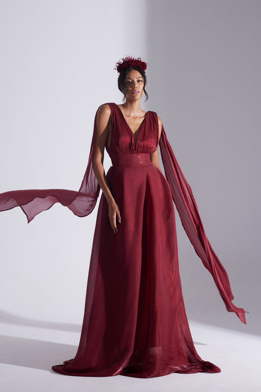 EMILY DARK RED FLARED EVENING DRESS