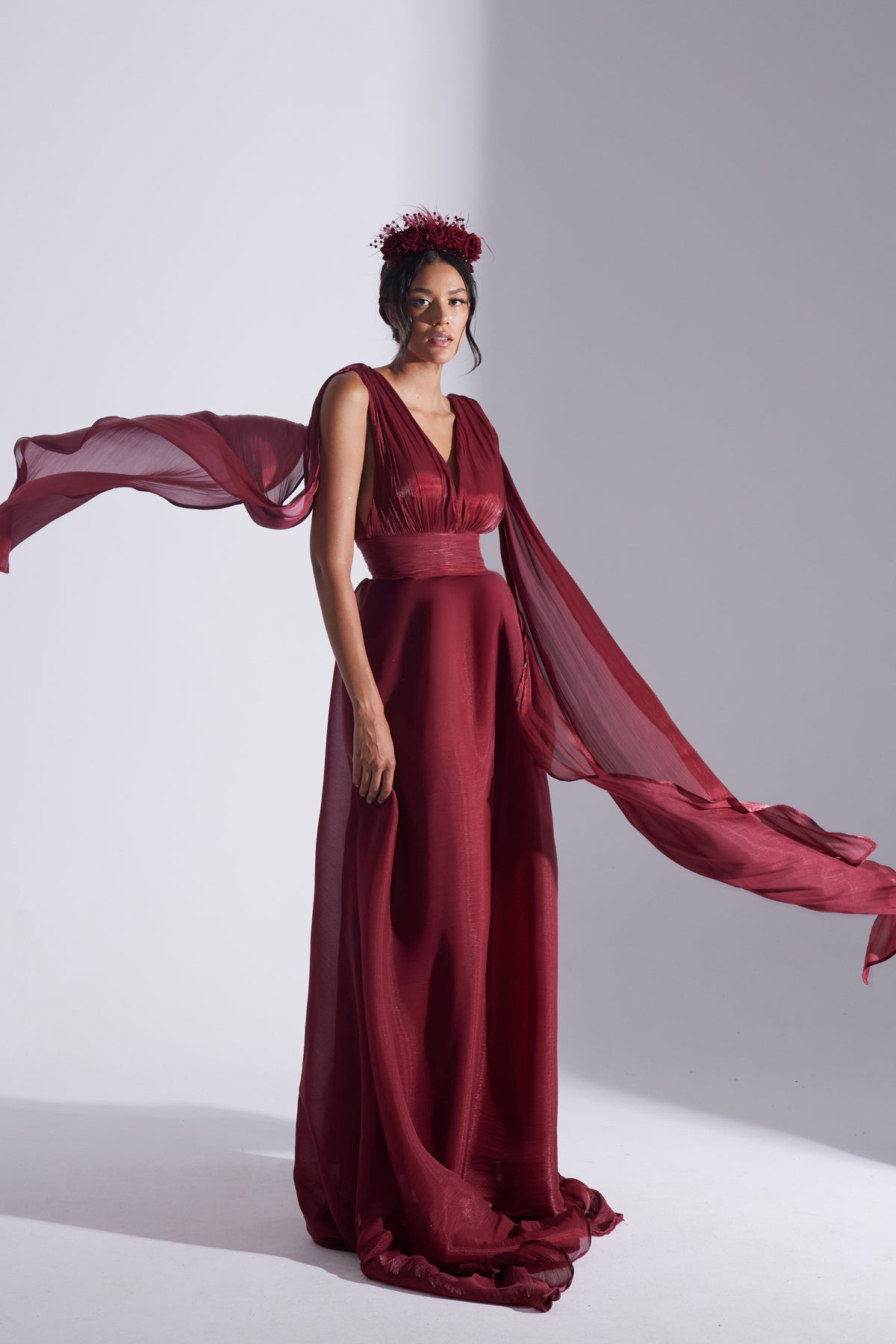 EMILY DARK RED FLARED EVENING DRESS