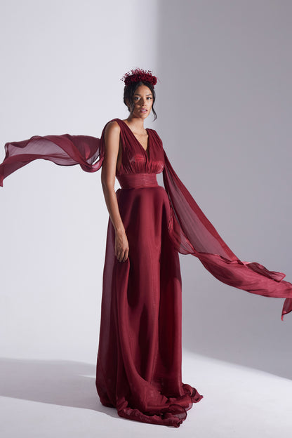 EMILY DARK RED FLARED EVENING DRESS