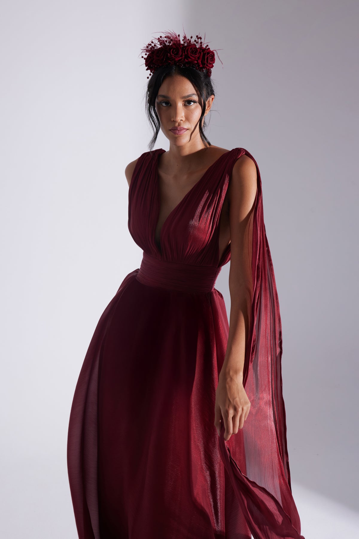 EMILY DARK RED FLARED EVENING DRESS