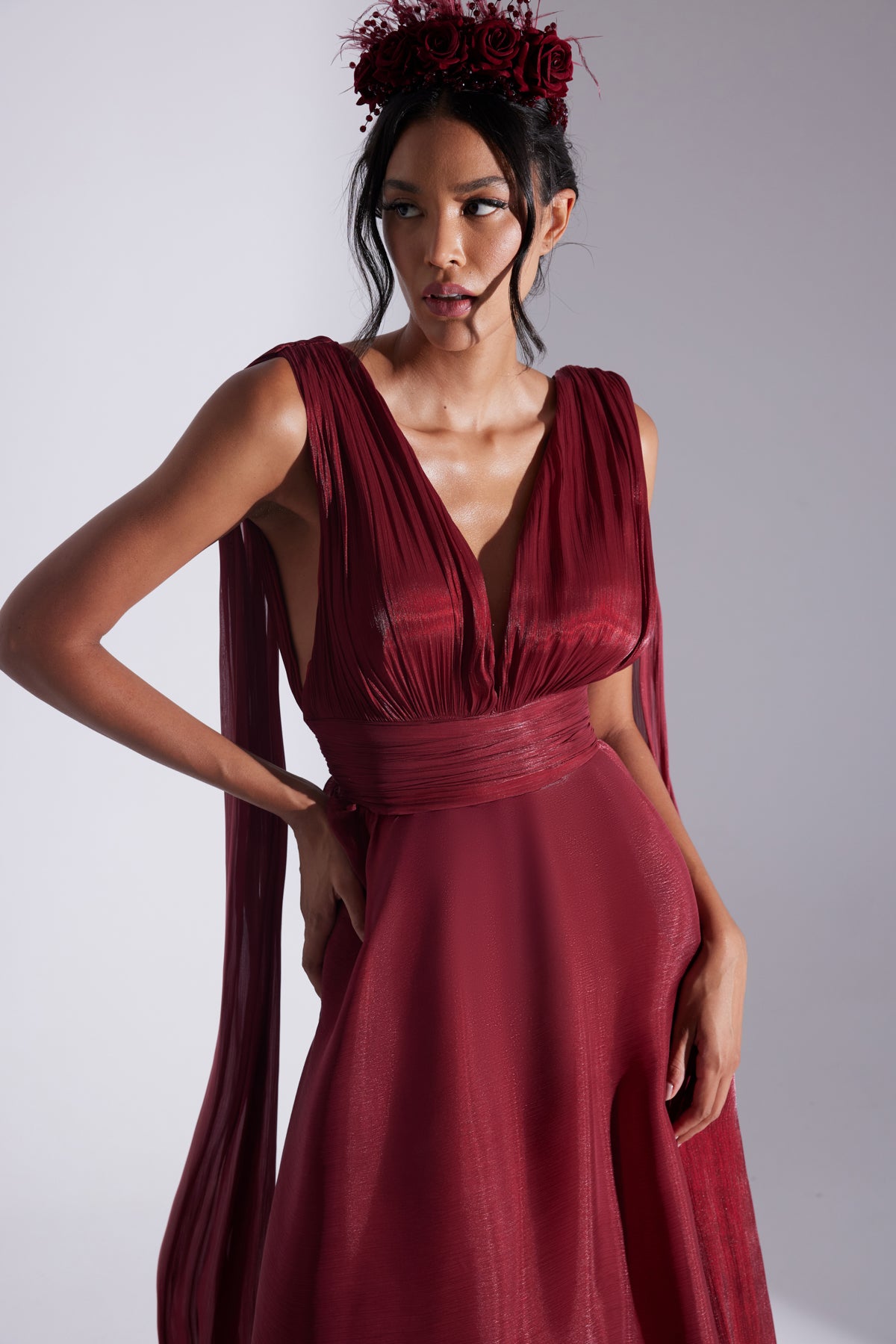 EMILY DARK RED FLARED EVENING DRESS