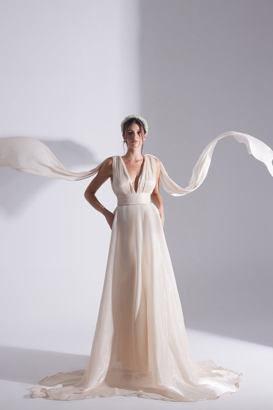 EMILY ECRU FLARED EVENING DRESS