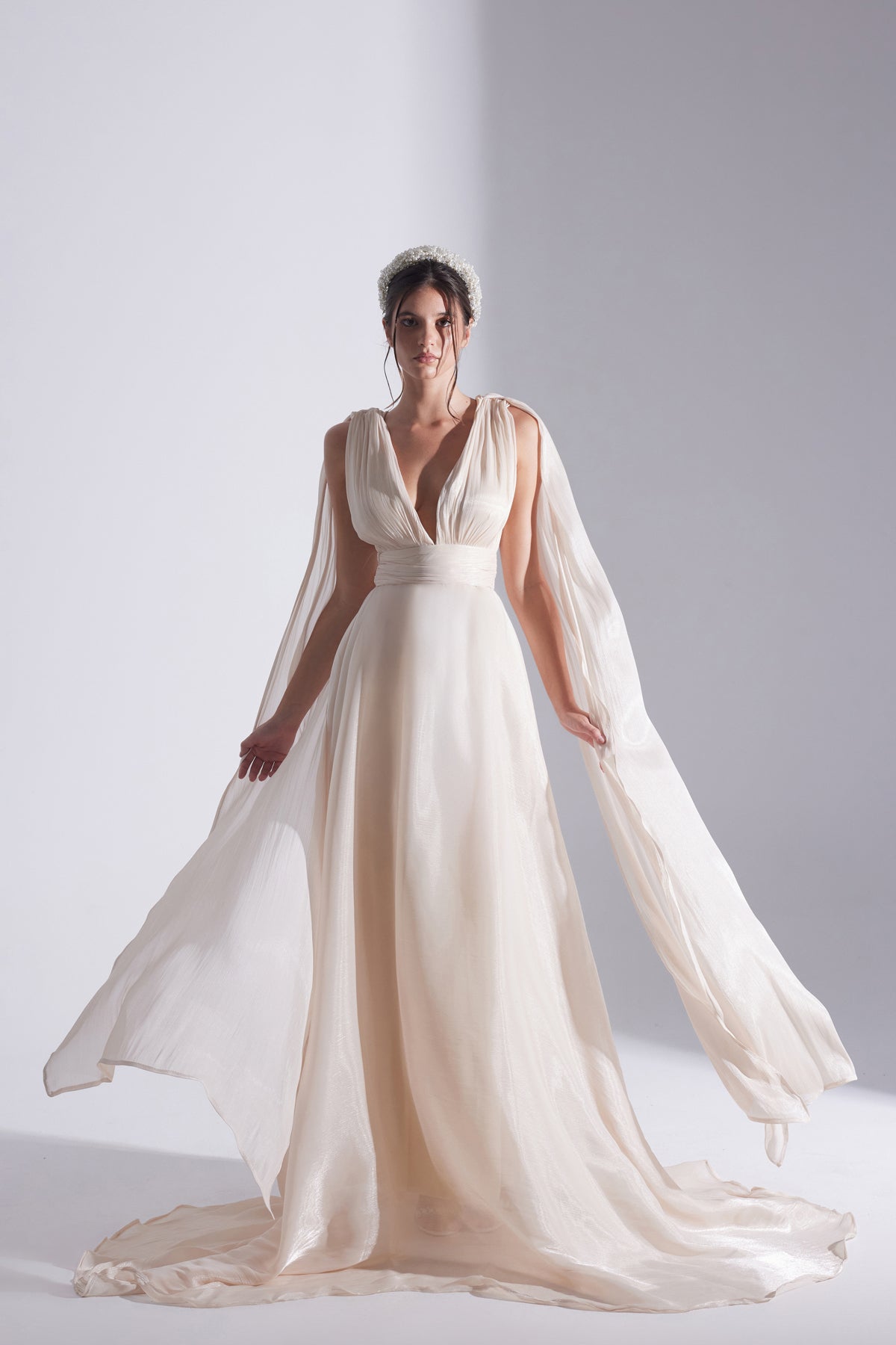 EMILY ECRU FLARED EVENING DRESS
