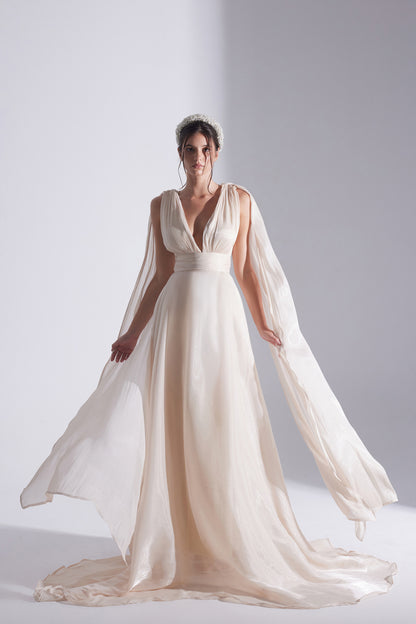 EMILY ECRU FLARED EVENING DRESS