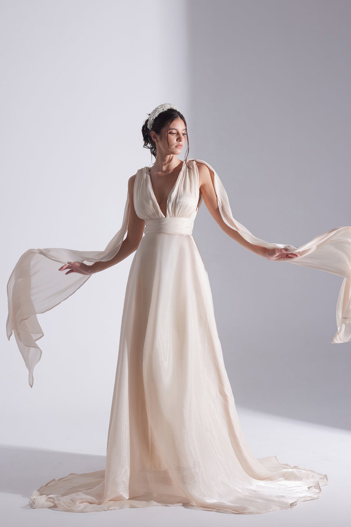 EMILY ECRU FLARED EVENING DRESS