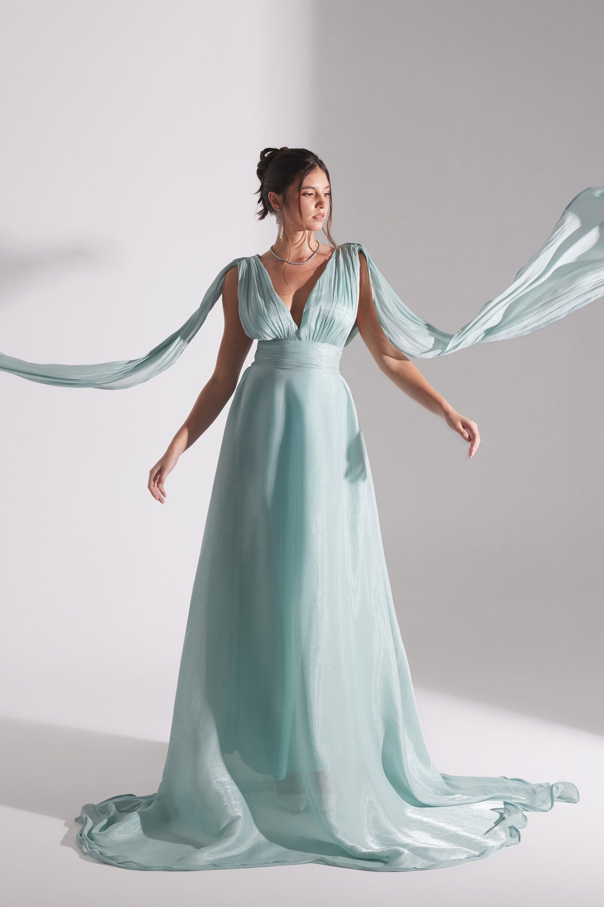 EMILY SU GREEN FLARED EVENING DRESS
