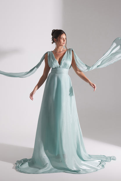 EMILY SU GREEN FLARED EVENING DRESS