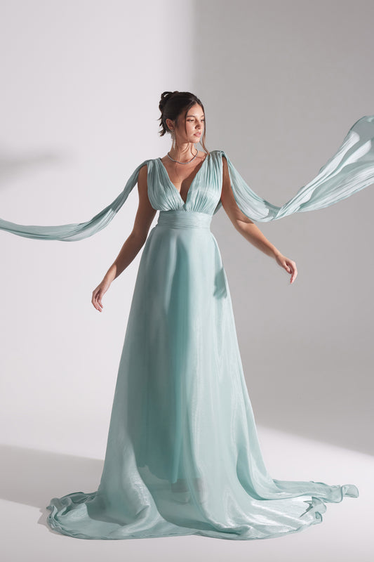 EMILY SU GREEN FLARED EVENING DRESS