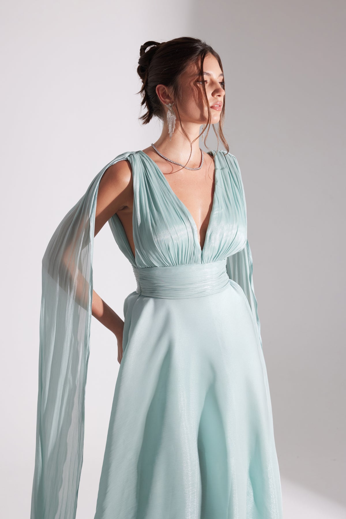 EMILY SU GREEN FLARED EVENING DRESS