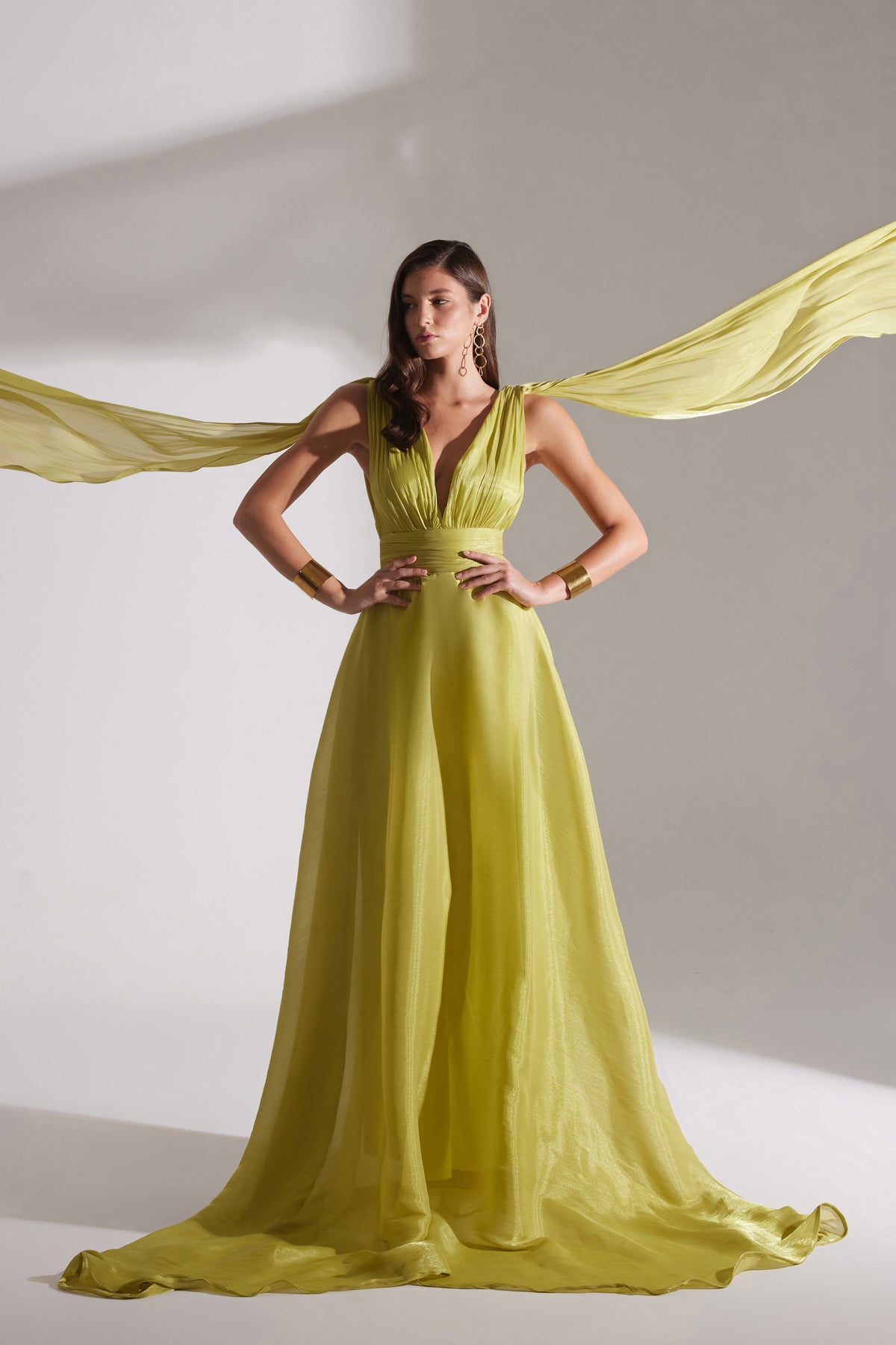 EMILY FISTIK GREEN FLARED EVENING DRESS