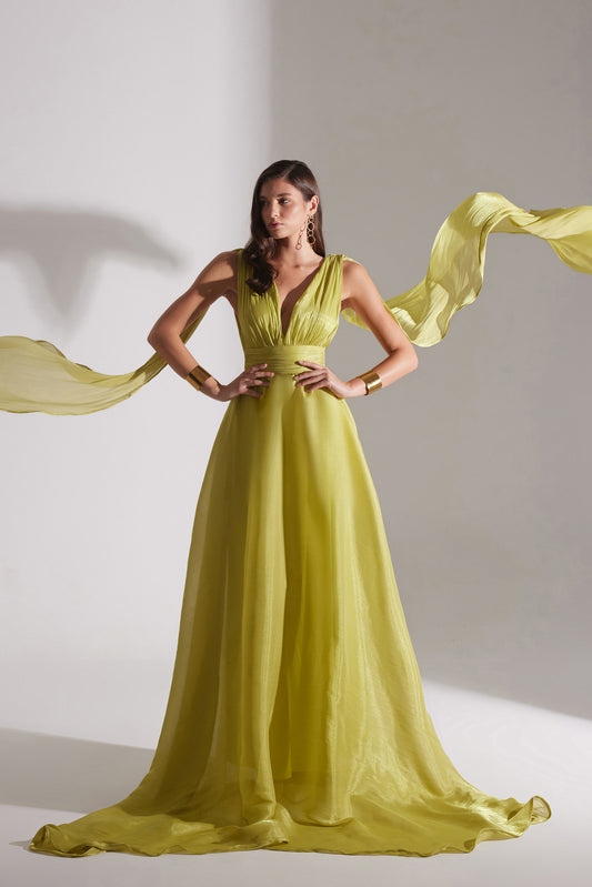 EMILY FISTIK GREEN FLARED EVENING DRESS