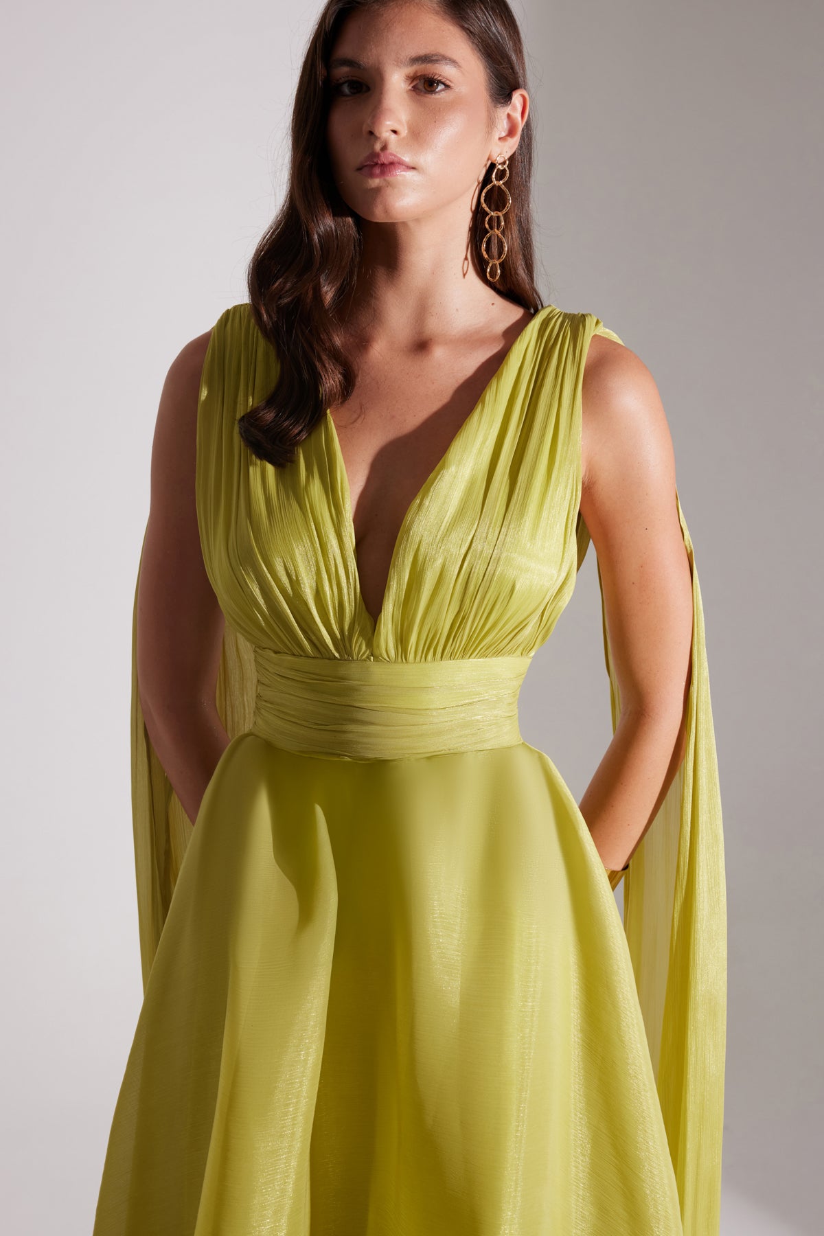 EMILY FISTIK GREEN FLARED EVENING DRESS
