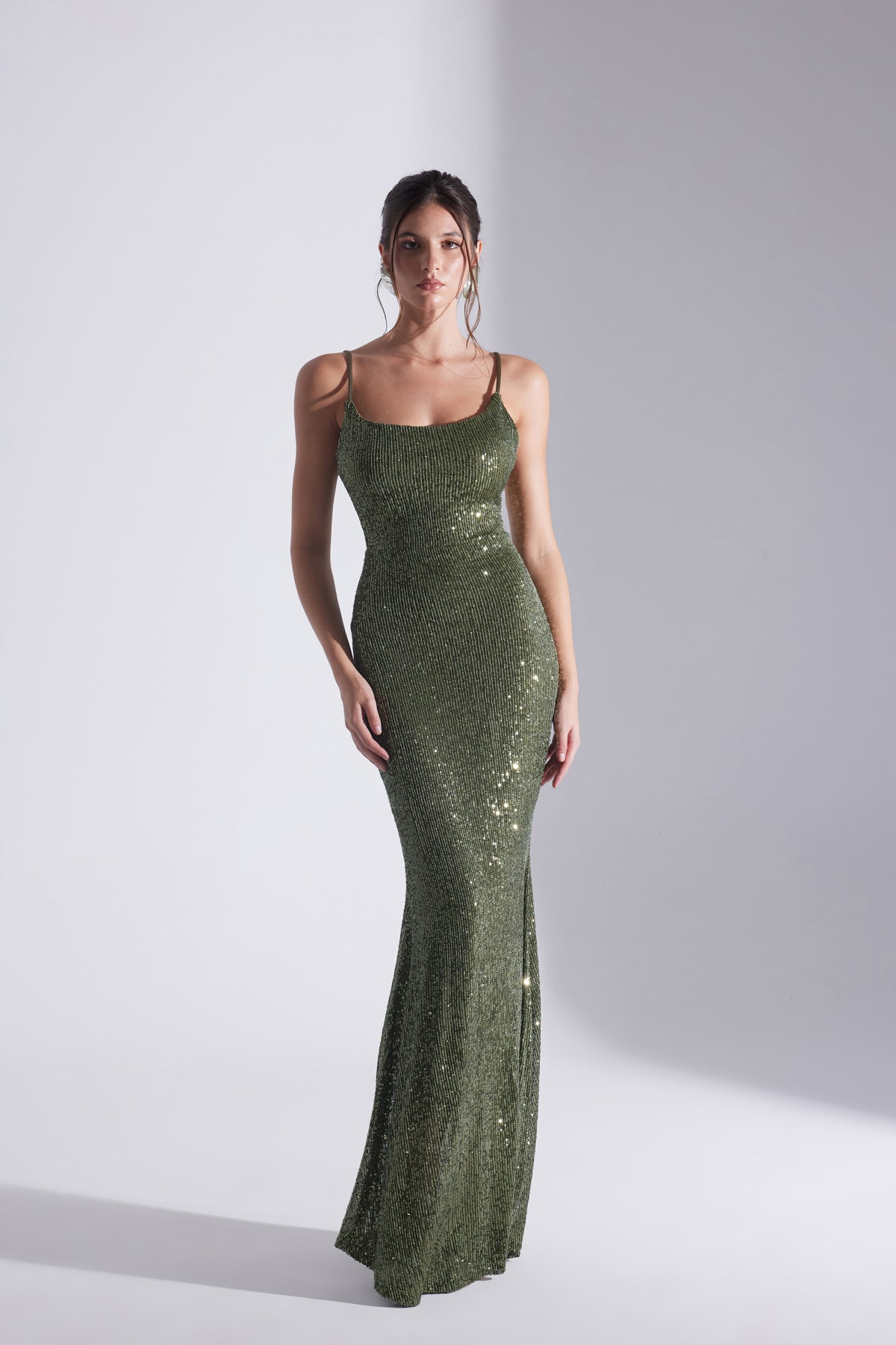 KENNA PAYET HALTER NECK FISHNET EVENING DRESS