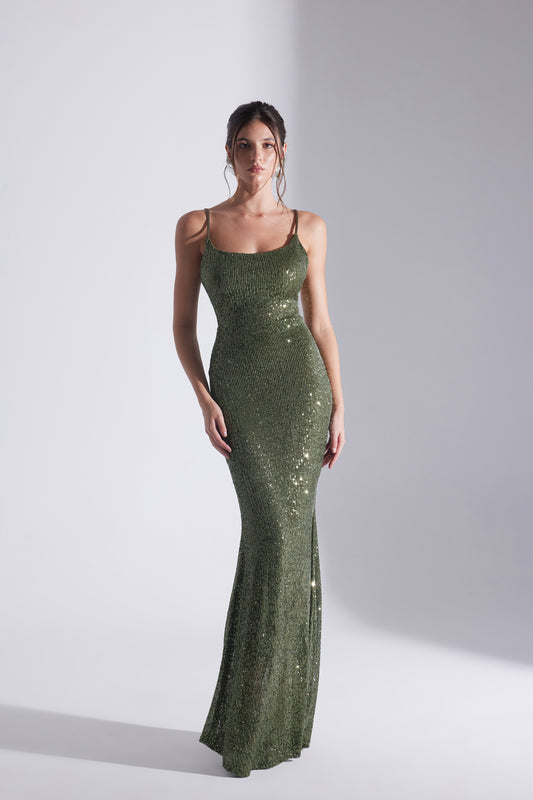 KENNA PAYET HALTER NECK FISHNET EVENING DRESS