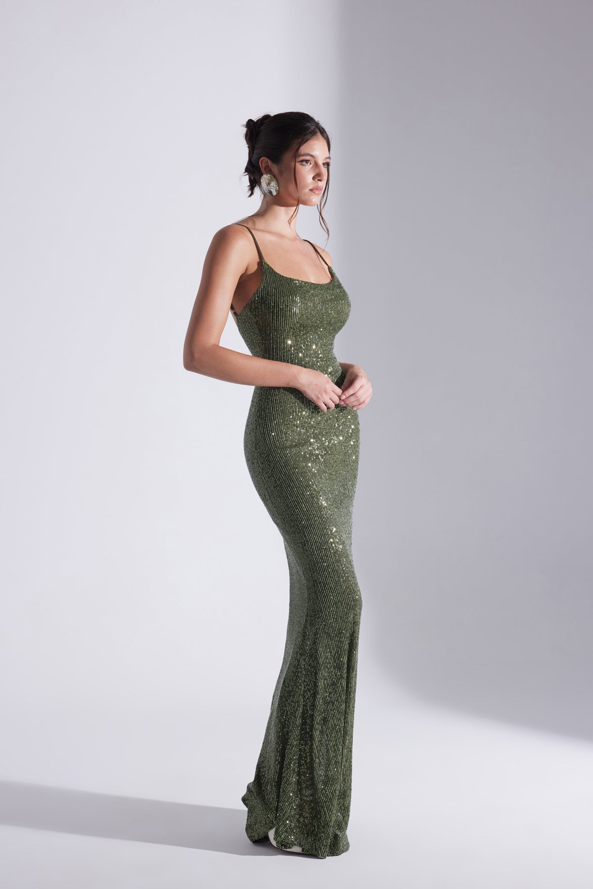 KENNA PAYET HALTER NECK FISHNET EVENING DRESS