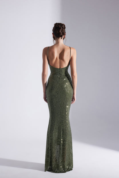 KENNA PAYET HALTER NECK FISHNET EVENING DRESS