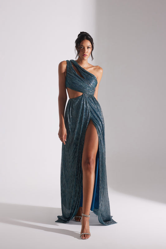 ADRIANA SHINY BLUE ONE-SHOULDER DRESS
