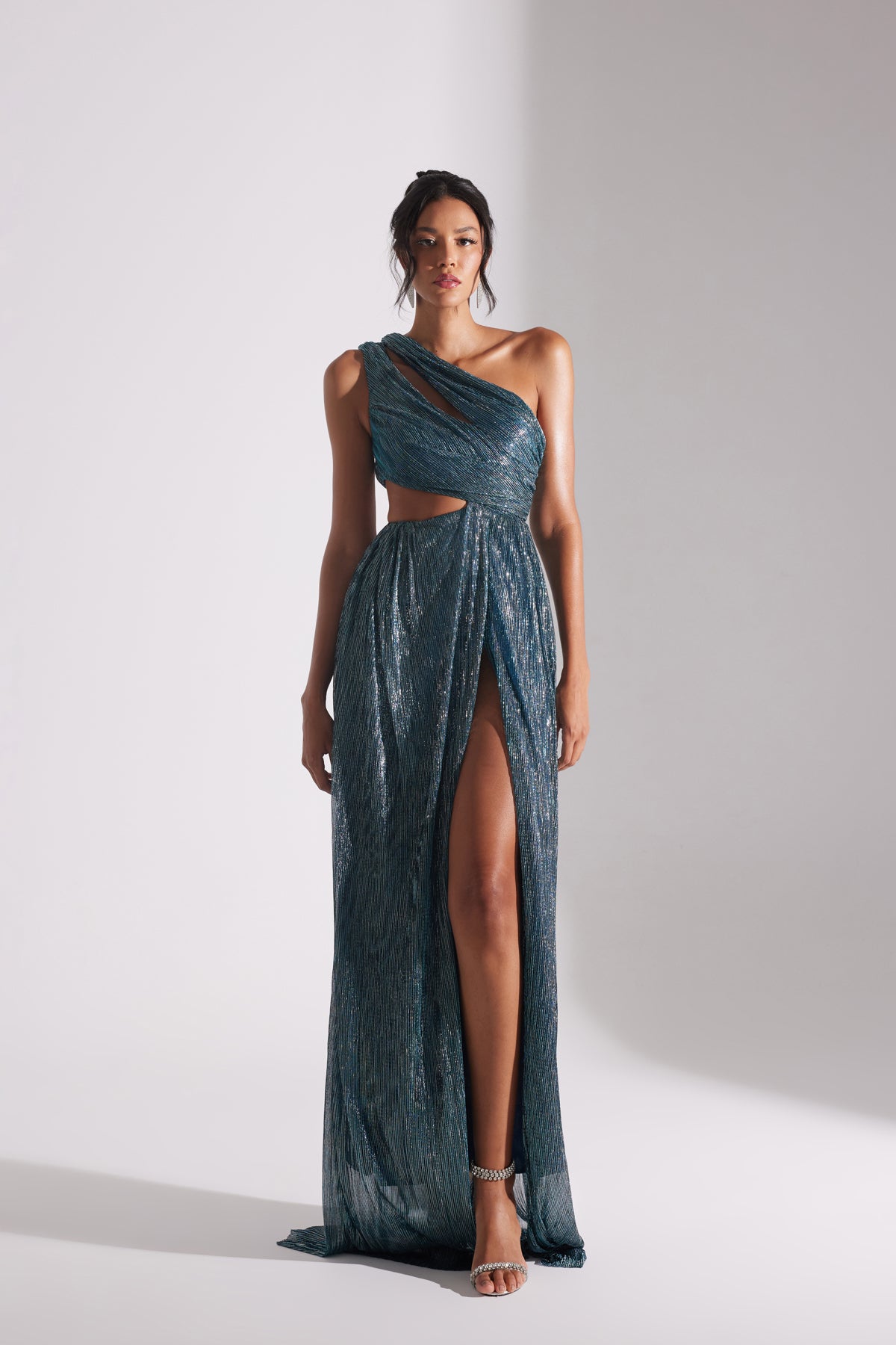 ADRIANA SHINY BLUE ONE-SHOULDER DRESS