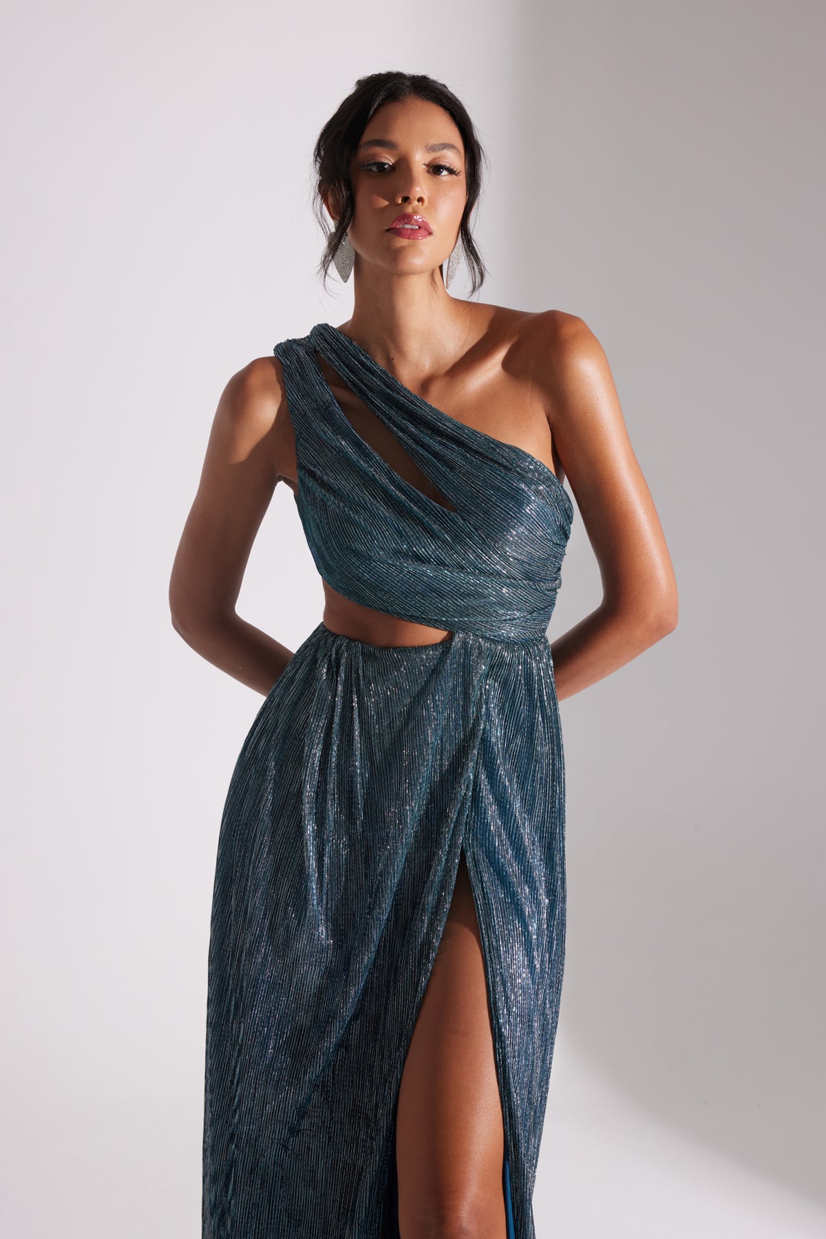 ADRIANA SHINY BLUE ONE-SHOULDER DRESS