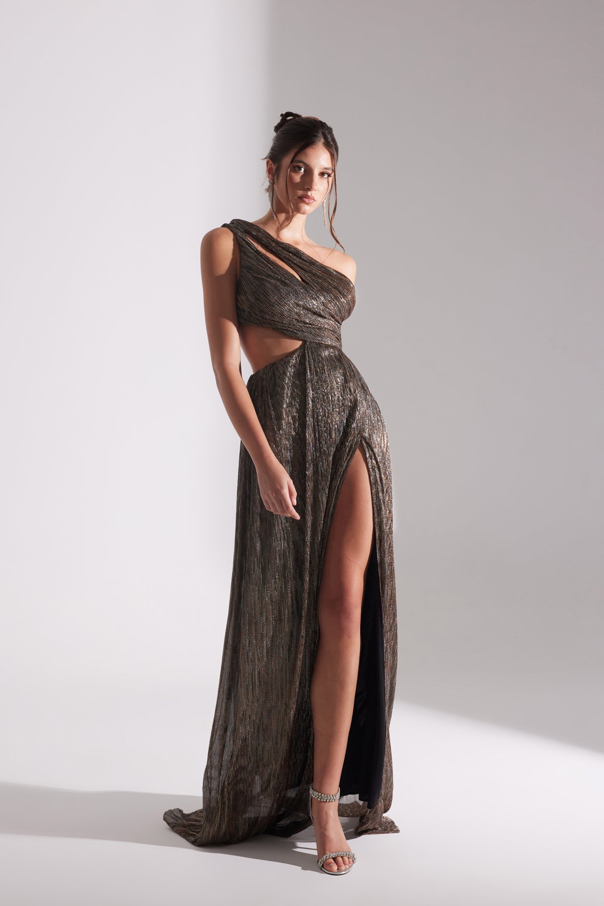 ADRIANA SHINY BRONZE ONE-SHOULDER DRESS