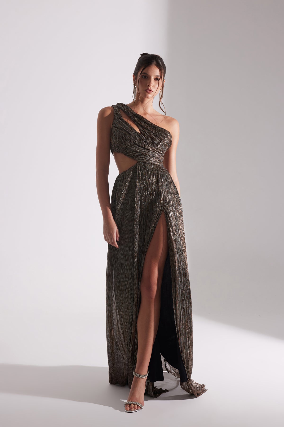 ADRIANA SHINY BRONZE ONE-SHOULDER DRESS