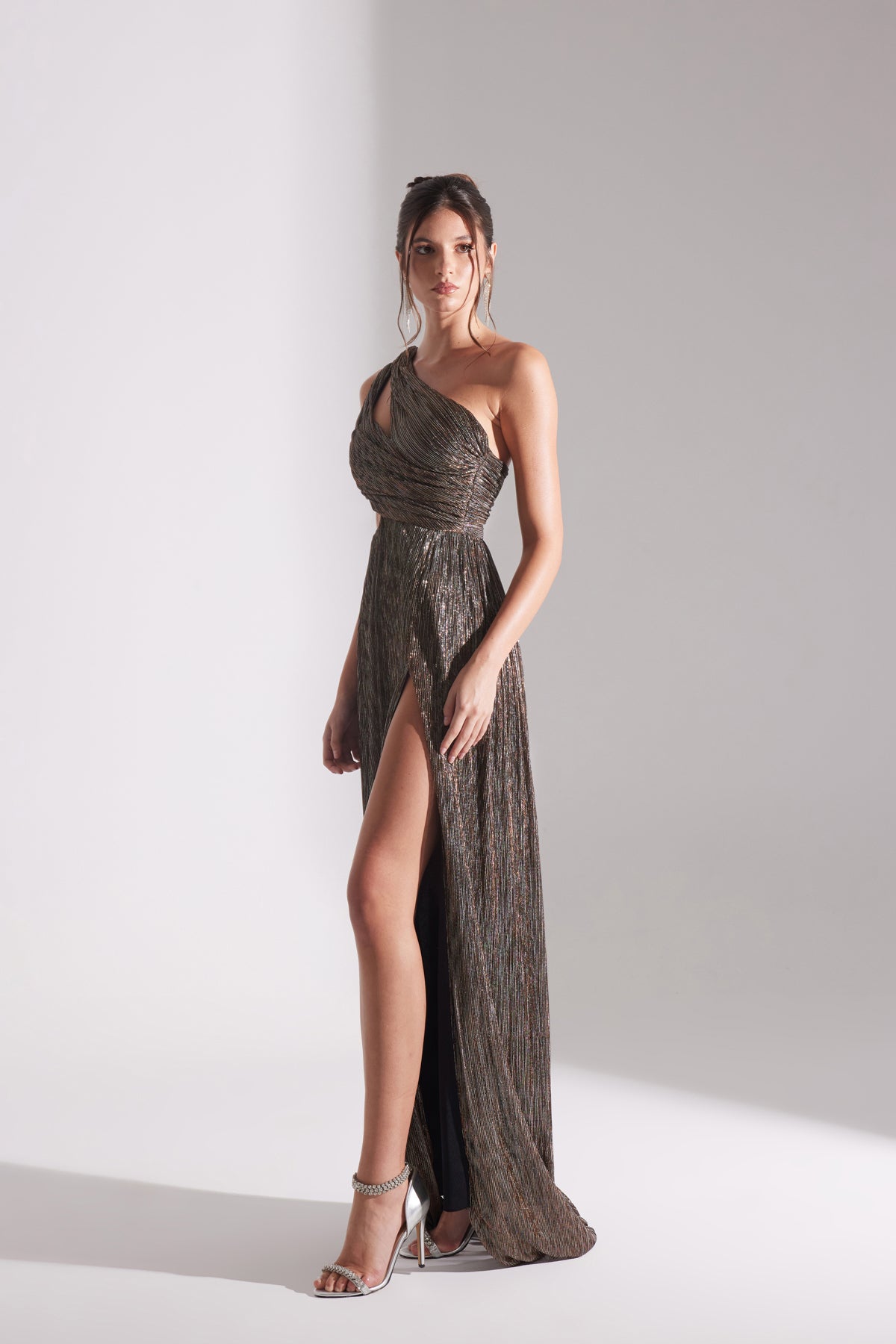 ADRIANA SHINY BRONZE ONE-SHOULDER DRESS