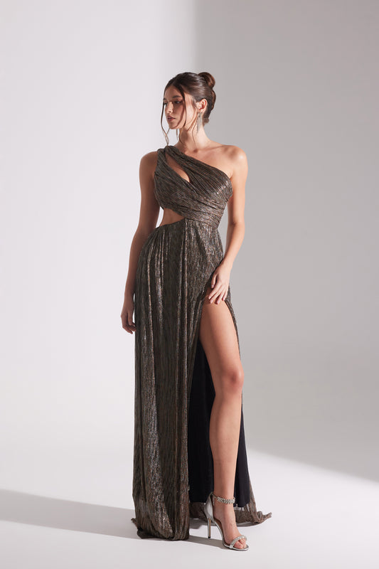 ADRIANA SHINY BRONZE ONE-SHOULDER DRESS