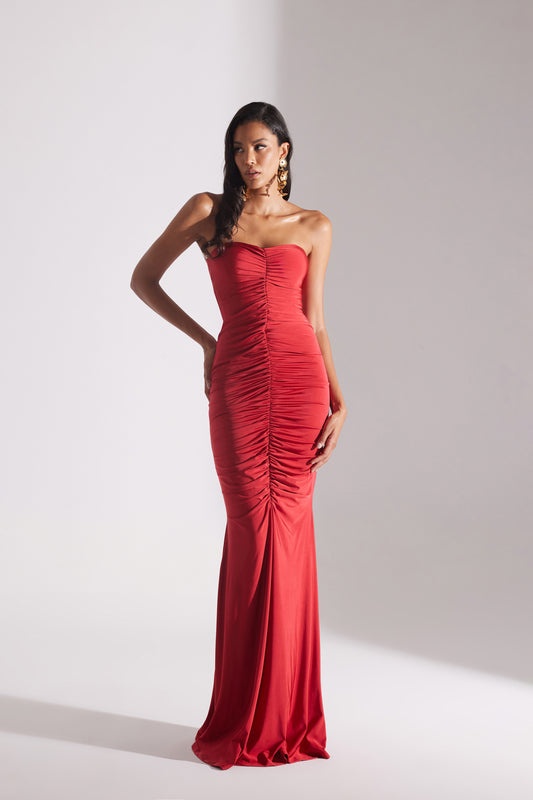 ADELINE RED STRAPLESS FISHERMAN DRESS