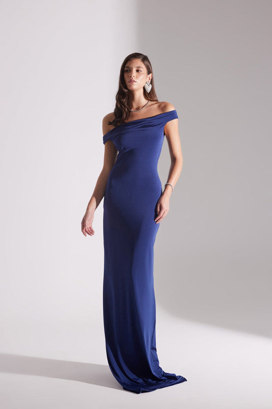 VESNA DARK BLUE LOW SHOULDER LONG DRESS