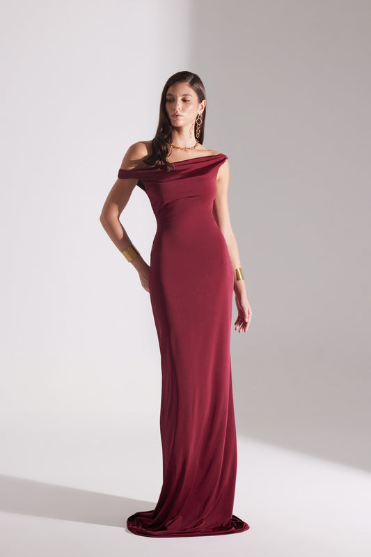 VESNA BORDEAUX LOW SHOULDER LONG DRESS