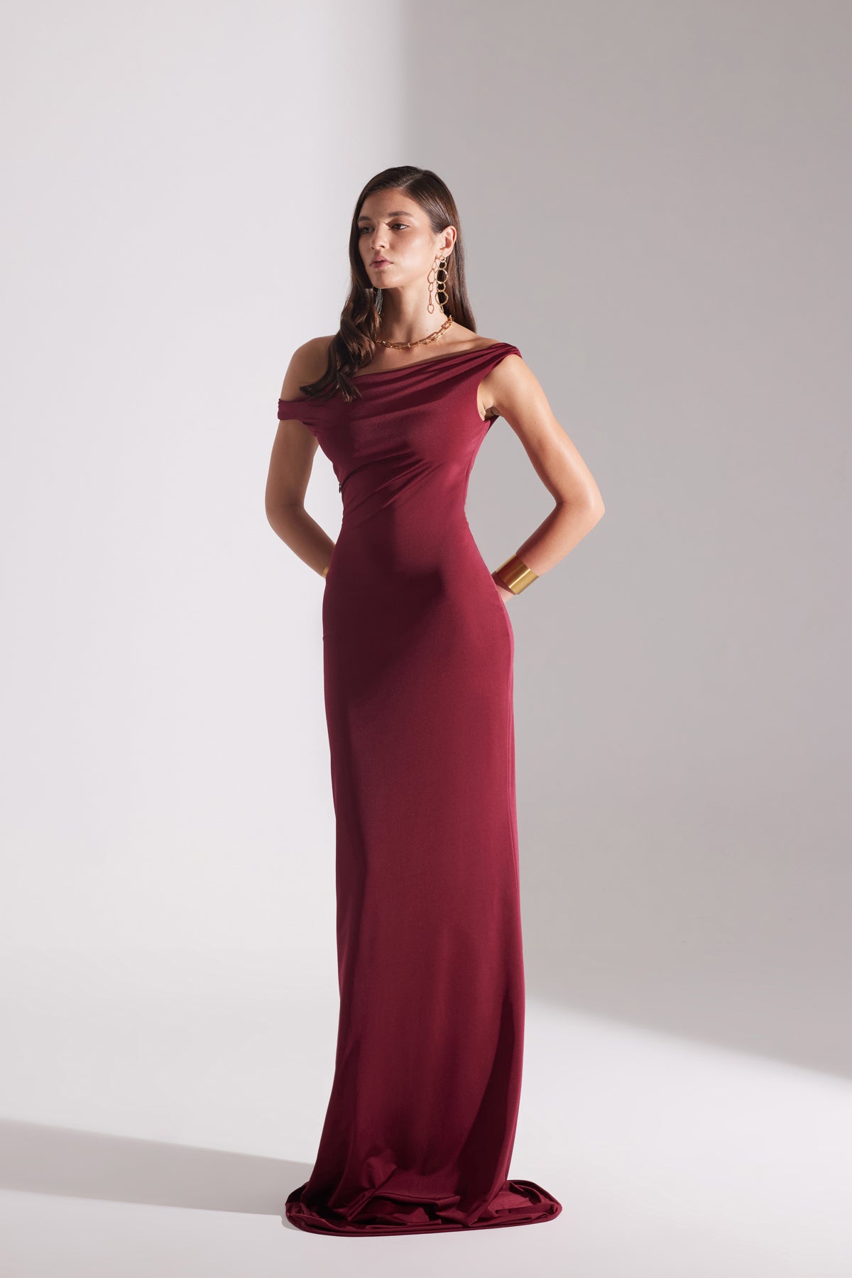 VESNA BORDEAUX LOW SHOULDER LONG DRESS