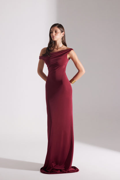VESNA BORDEAUX LOW SHOULDER LONG DRESS