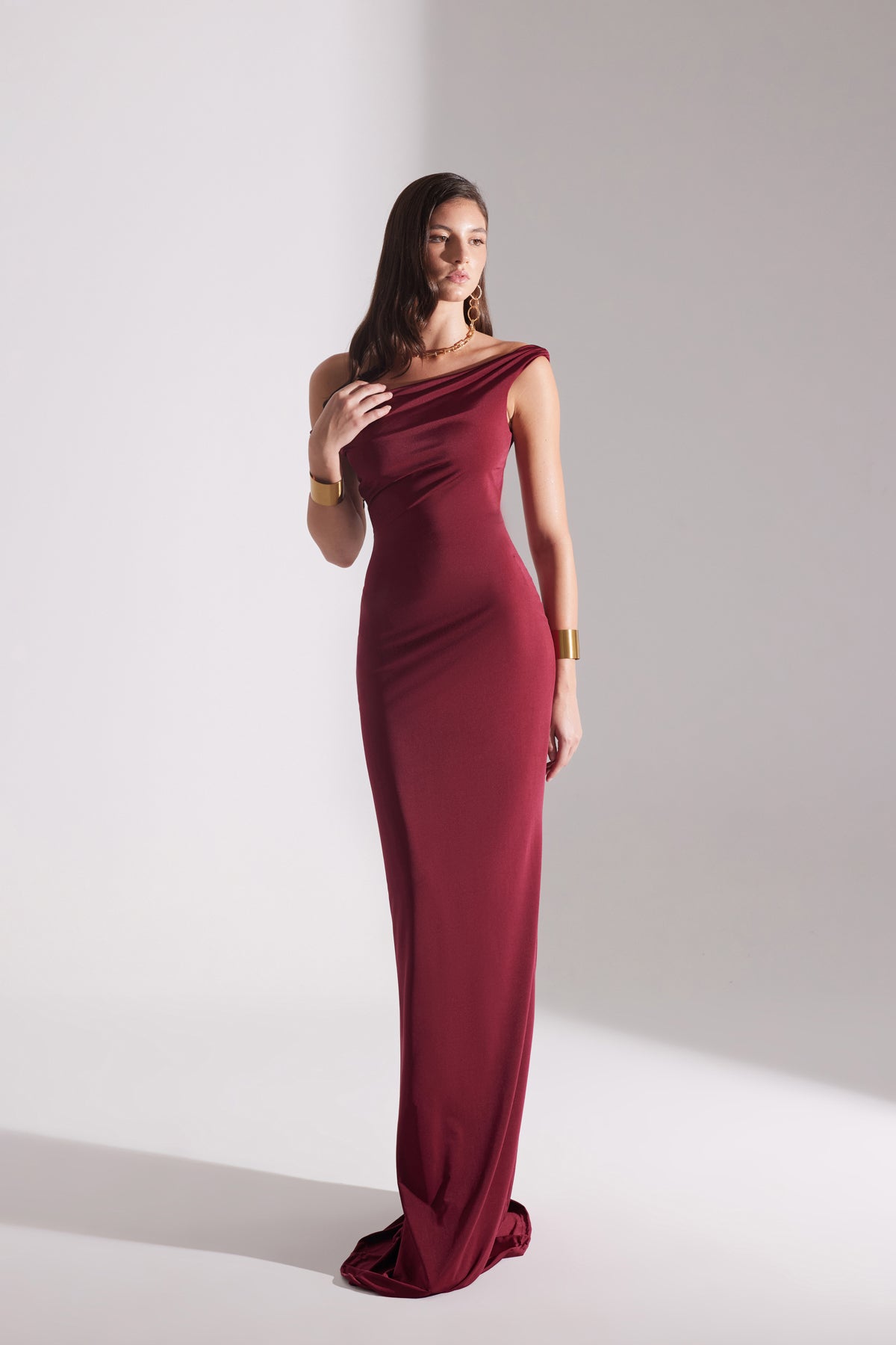 VESNA BORDEAUX LOW SHOULDER LONG DRESS