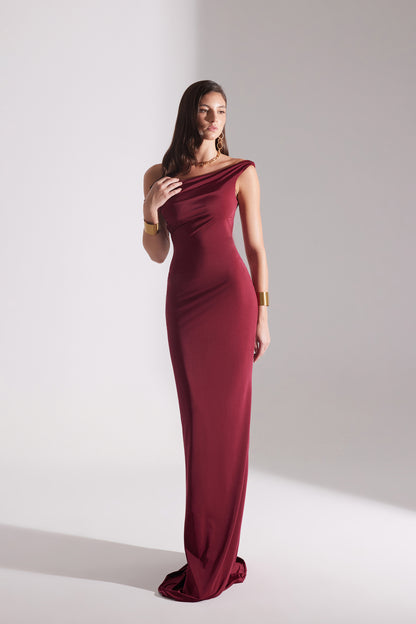 VESNA BORDEAUX LOW SHOULDER LONG DRESS