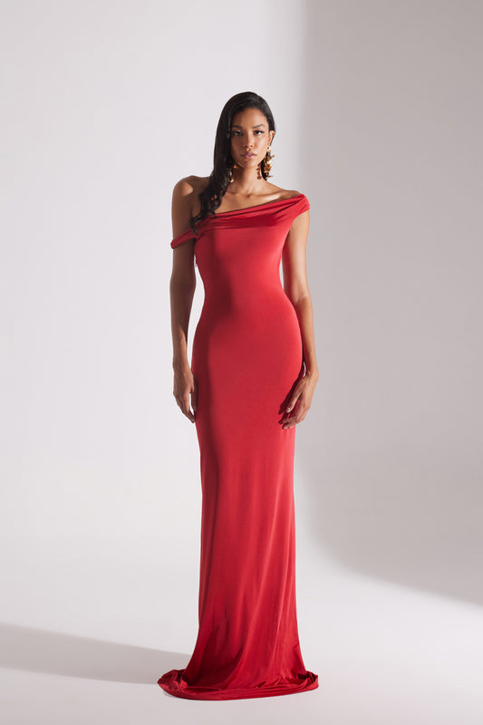 VESNA RED LOW SHOULDER LONG DRESS