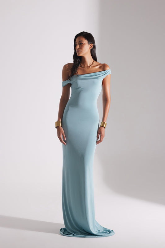 VESNA GREEN LOW SHOULDER LONG DRESS