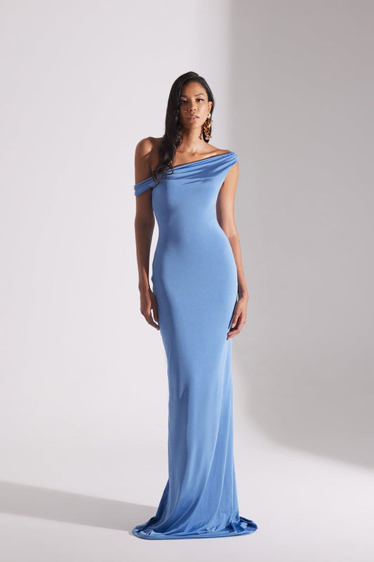 VESNA ÇELİK BLUE LOW SHOULDER LONG DRESS