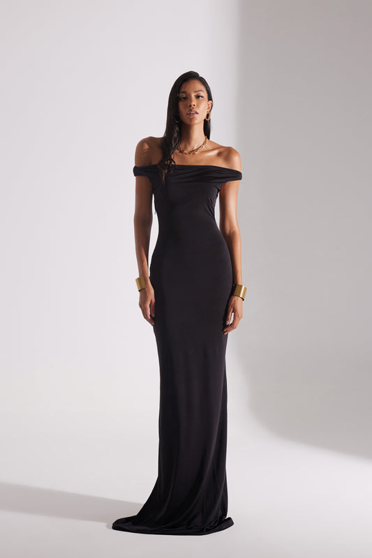 VESNA BLACK LOW SHOULDER LONG DRESS