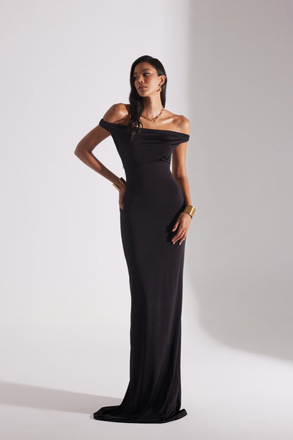 VESNA BLACK LOW SHOULDER LONG DRESS