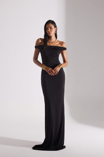 VESNA BLACK LOW SHOULDER LONG DRESS