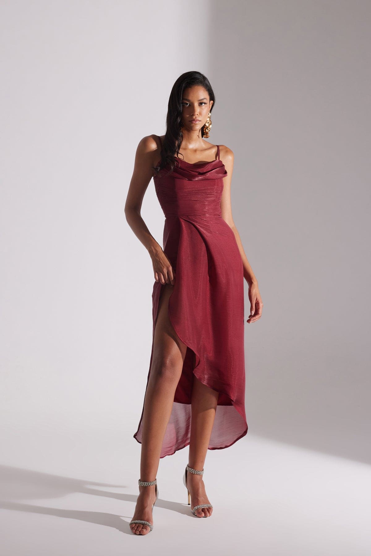 EVA RED DRAPED SLEEVELESS EVENING DRESS